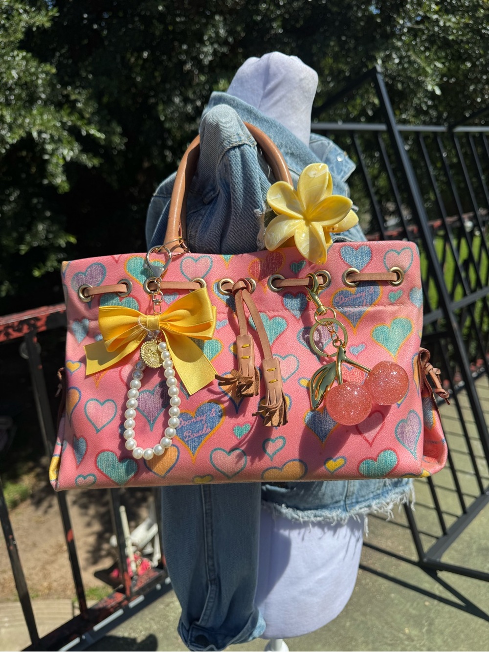 Pink Heart-Print Tote Bag with Cherry Charm